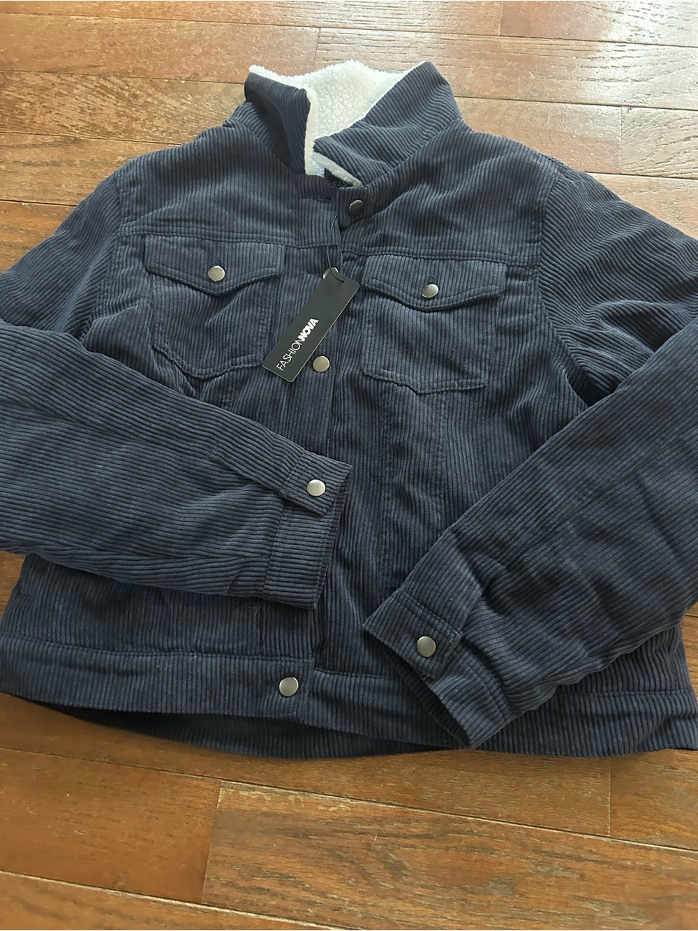 Fashion Nova Navy Corduroy Jacket with White Sherpa Lining